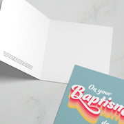 Baptism greeting card with colorful lettering and a blank interior, featuring Romans 15:13.
