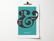 Poster featuring the text 'be still and know that I am God' in black on a teal background, with decorative swirls.