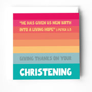 Colorful christening greeting card featuring a bible verse and text 'GIVING THANKS ON YOUR CHRISTENING