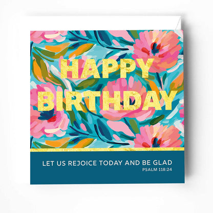 Christian birthday card, gold foil lettering, modern floral design, Psalm 118:24 verse, inspiring and faith-filled gift.