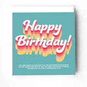 Birthday greeting card with colorful text 'Happy Birthday!' and bible verse Numbers 6:24-26 on a teal background.