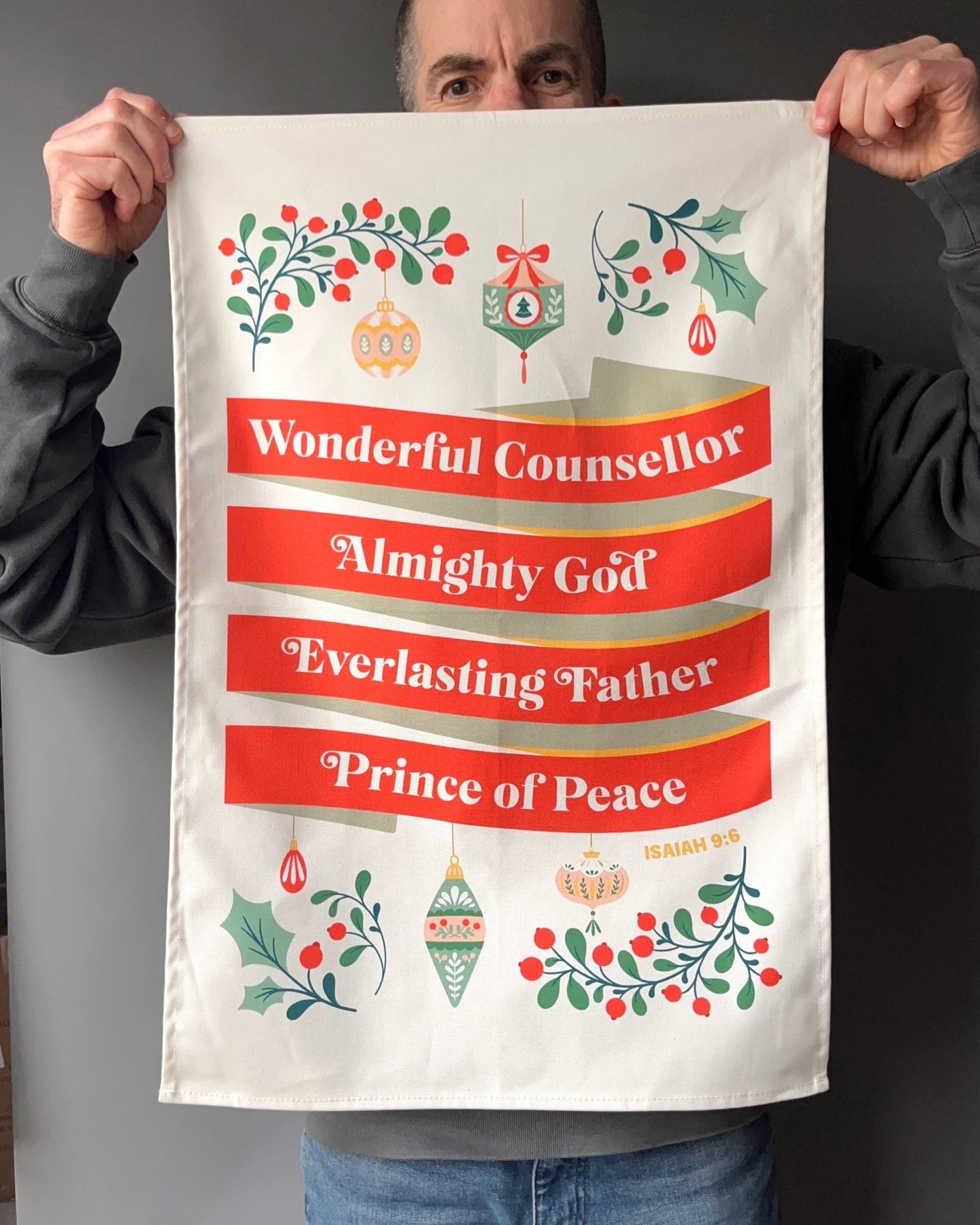 Christmas tea towel. Isaiah 9 v 6 (Wonderful counsellor) - The Christian Poster Company