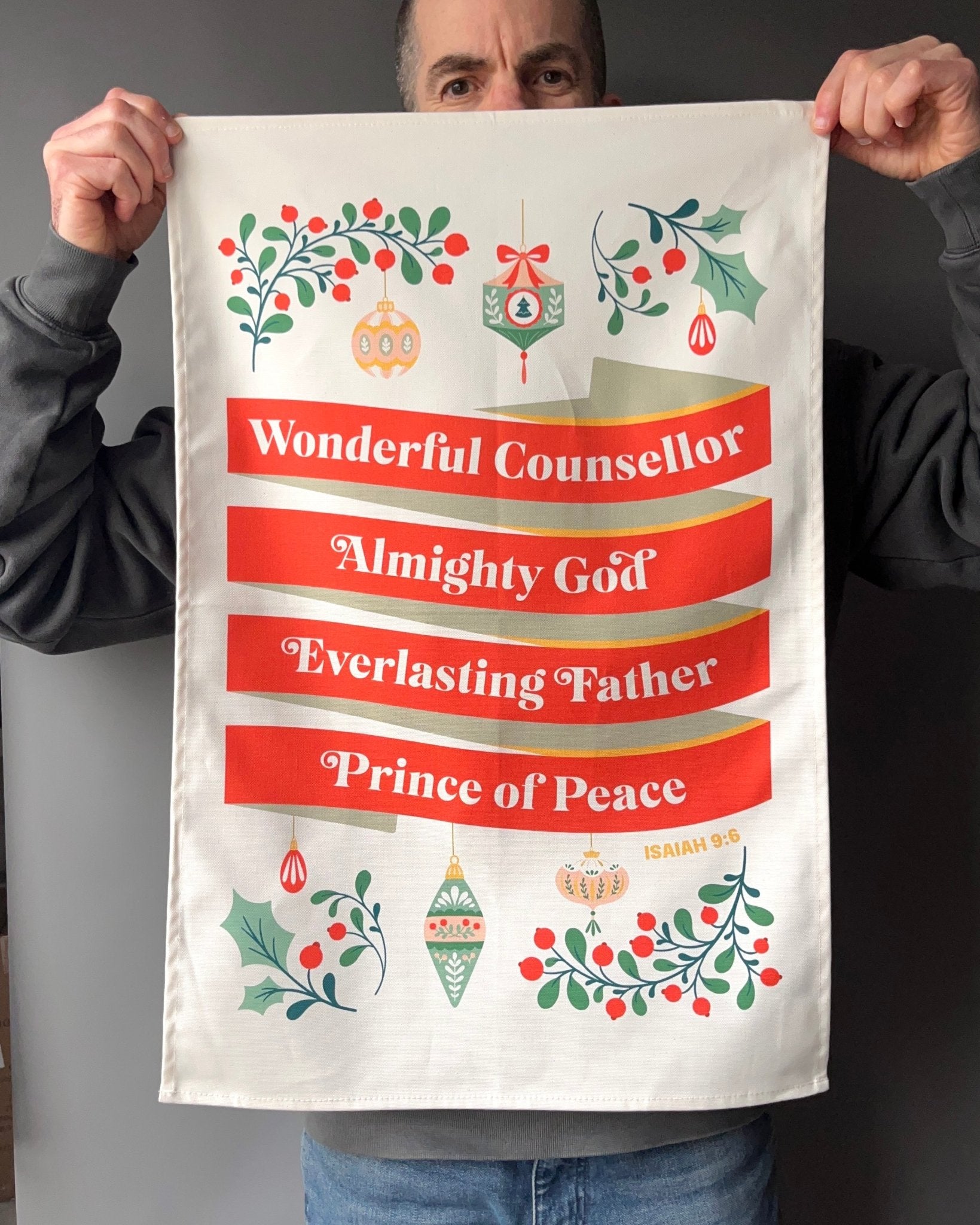 Christmas tea towel. Isaiah 9 v 6 (Wonderful counsellor) - The Christian Poster Company
