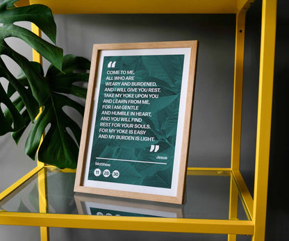Come to me all who are weary A4 framed poster (leaves) - The Christian Poster Company