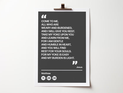 Come to me all who are weary and burdened and I will give you rest, poster, Matthew 11 verses 28 to 30 Christian wall art, bible print - The Christian Poster Company