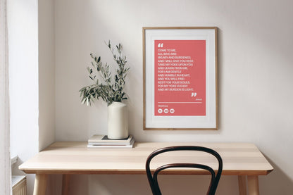 Come to me all who are weary and burdened and I will give you rest, poster, Matthew 11 verses 28 to 30 Christian wall art, bible print - The Christian Poster Company
