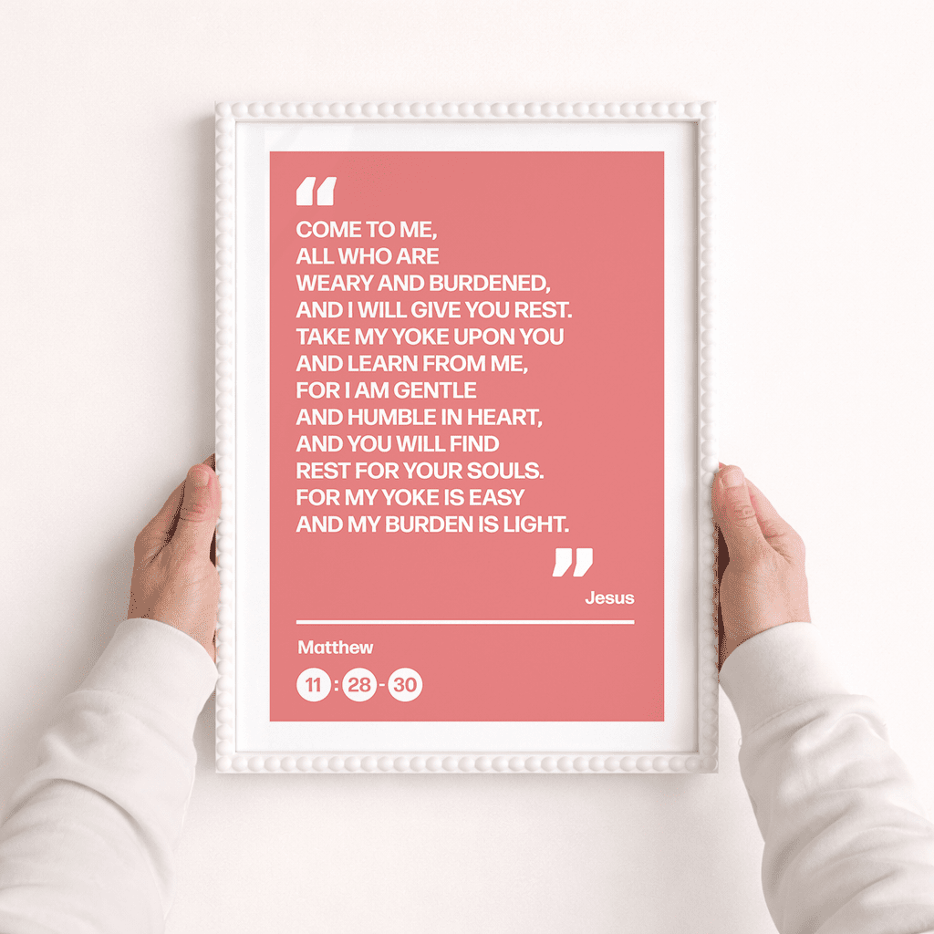 Come to me all who are weary (coral) Matthew 6 A3 framed poster - The Christian Poster Company