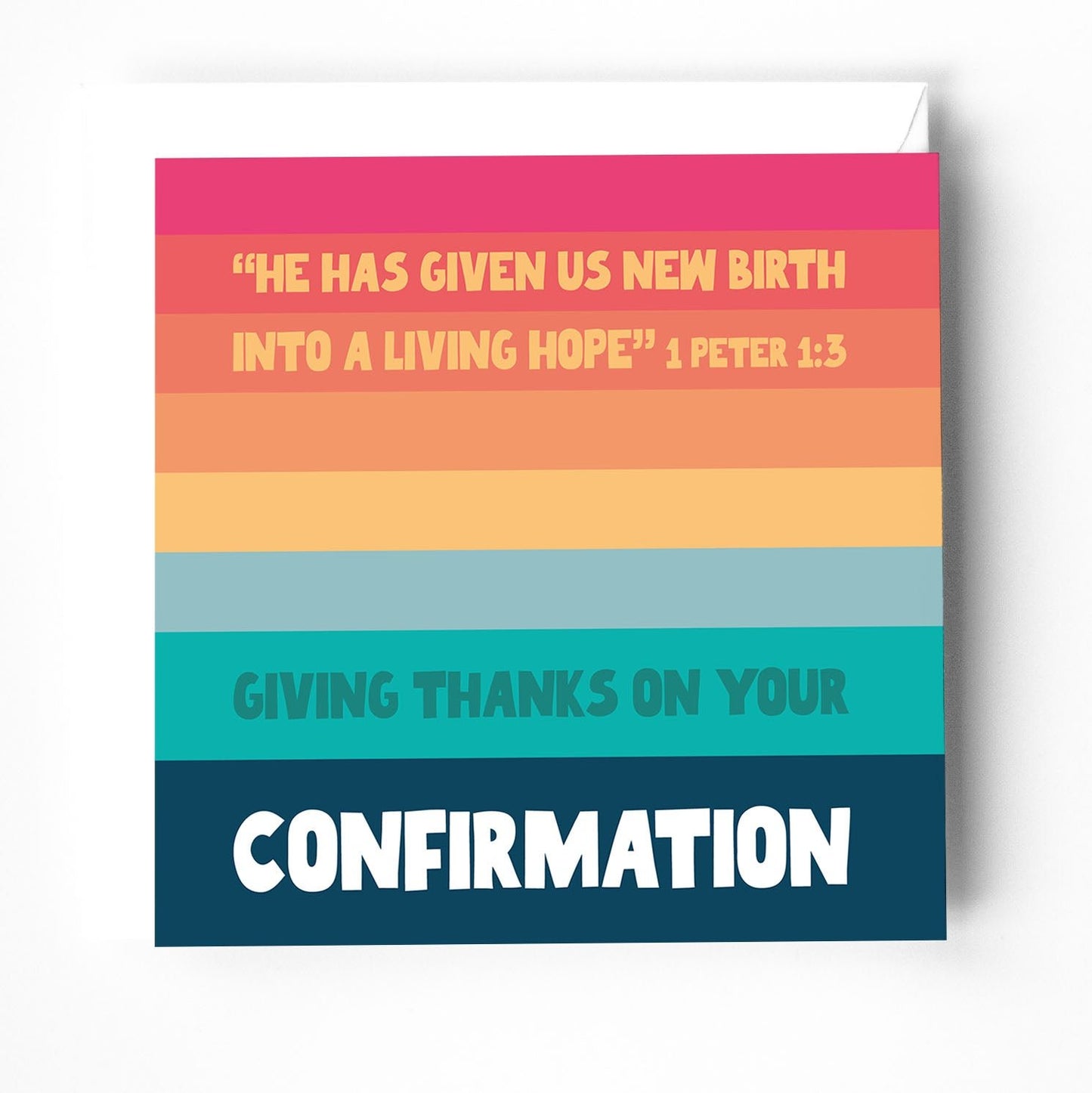 Christian confirmation card, bright colourful design, Bible verse cover, joyful faith-inspired greeting card.