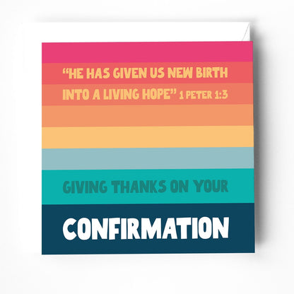Christian confirmation card, bright colourful design, Bible verse cover, joyful faith-inspired greeting card.