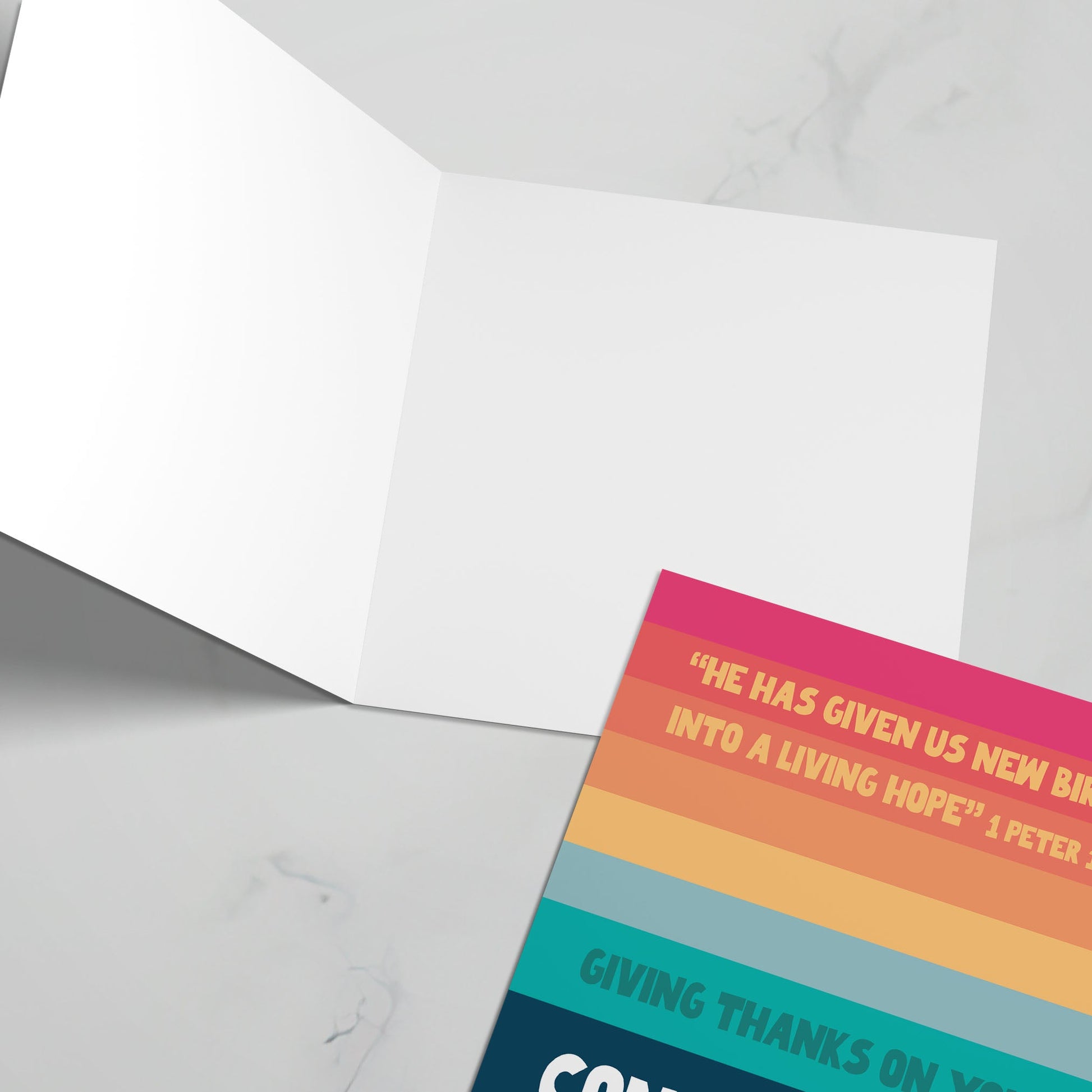 Christian confirmation card, bright colourful design, Bible verse cover, joyful faith-inspired greeting card.