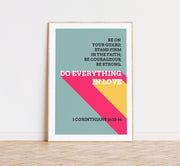 Poster featuring the text 'Do everything in love' with colorful geometric shapes and a bible verse reference.