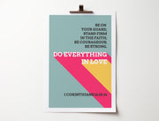 Poster featuring the text 'Do everything in love' with colorful geometric shapes and a bible verse reference.