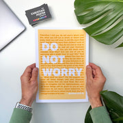 Yellow poster with text from Matthew 6:34, surrounded by greenery and a business card from The Christian Poster Company.