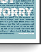 Poster featuring the Bible verse Matthew 6:25-34 in bold text on a blue background, framed in black.