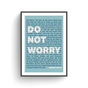 Christian poster featuring a blue background with text from Matthew 6:25-34, framed in black.