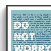 Poster featuring the text from Matthew chapter 6, framed in white with a blue background, inspirational design.