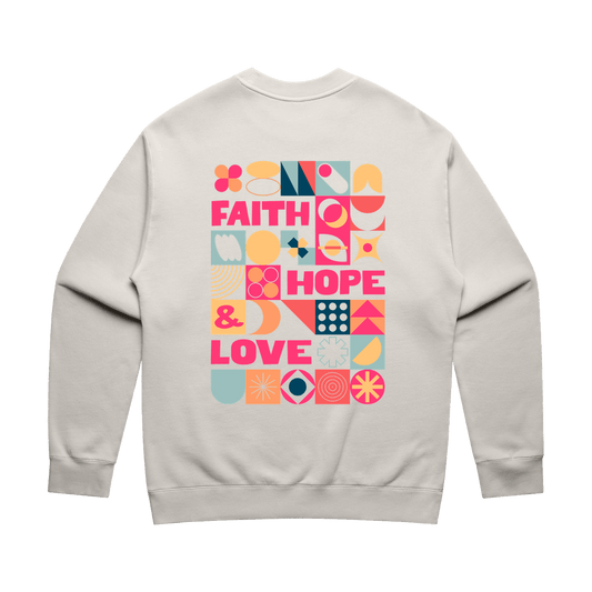 Faith, hope and love. Unisex back printed sweater. - The Christian Poster Company