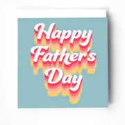 Greeting card with layered text design saying 'Happy Father's Day' in pink and yellow on a blue background