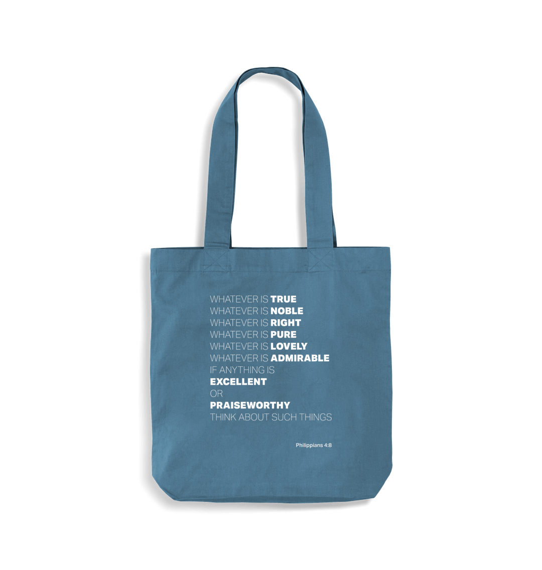 Airforce Blue Whatever is true. Premium organic cotton tote bag.