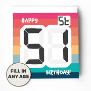 Birthday card with colorful striped background, large digital-style numbers, and text 'Happy' and 'Birthday!'. Circle for