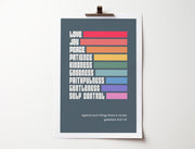 Poster featuring colorful words: Love, Joy, Peace, Patience, Kindness, Goodness, Faithfulness, Gentleness, Self Control