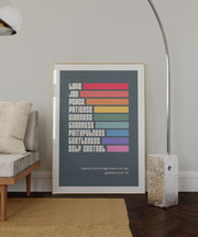 Poster featuring the Fruits of the Spirit from Galatians 5, colorful text on a dark background, framed and displayed in a