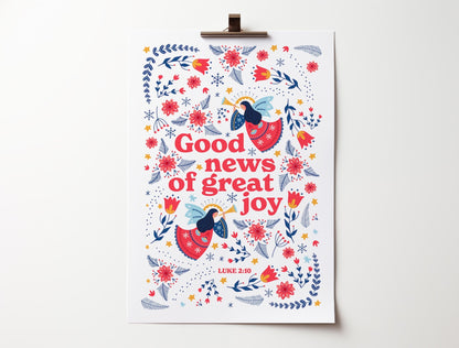 God News of Great Joy poster, Christian Christmas wall art, festive faith decor for home or church.