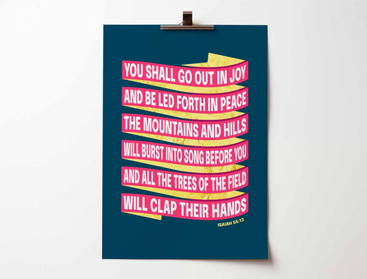 Isaiah 55 gold foil poster, bold modern Christian wall art, encouraging decor for home or office.