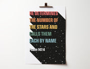 Poster featuring colorful text on a starry background with the verse Psalm 147:4, modern Christian wall art.
