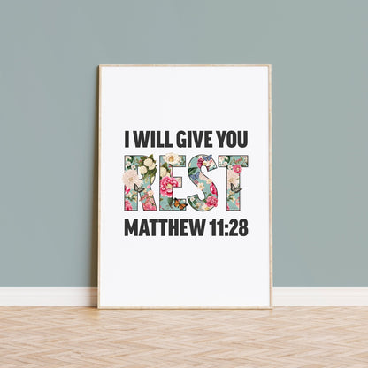 I will give you rest, Matthew 11 verse 28 poster, Christian print, bible artwork - The Christian Poster Company