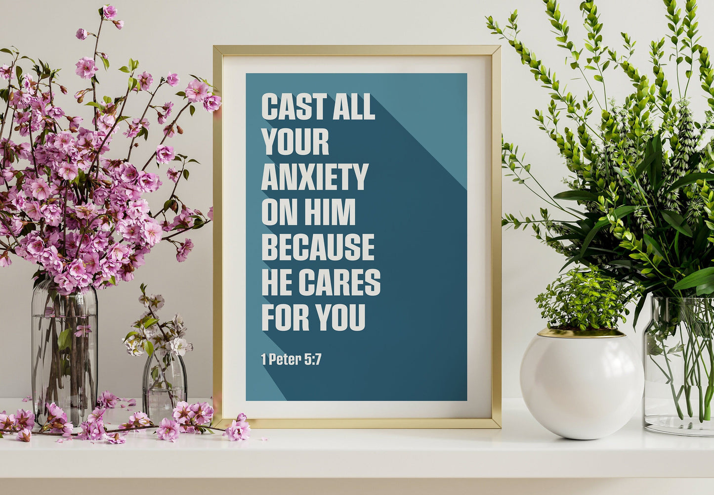 1 Peter 5:7 poster, 'Cast all your anxiety on him', Christian wall art, bible print.