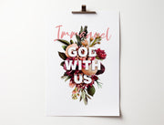 Floral poster featuring the text 'Immanuel, God with us' in pink and white on a white background.