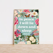 Floral poster with the text 'In peace I will lie down and sleep. Psalm 4:8' on a light blue background.