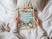 Poster print featuring the text 'In peace I will lie down and sleep. Psalm 4:8' surrounded by floral designs.