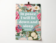 Floral poster with the text 'In peace I will lie down and sleep. Psalm 4:8' in white on a teal background.