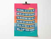 Colorful poster featuring Isaiah 55:12 text, with arrows and bold typography on a light background.