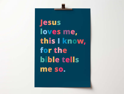 Bright “Jesus Loves Me, This I Know” Christian poster in joyful colours, perfect for kids’ rooms or Sunday school.