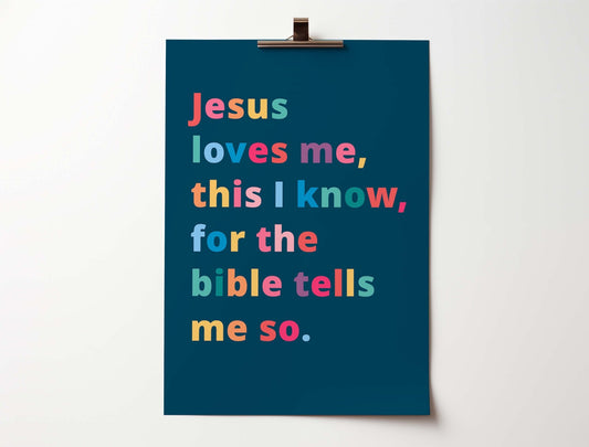 Bright “Jesus Loves Me, This I Know” Christian poster in joyful colours, perfect for kids’ rooms or Sunday school.