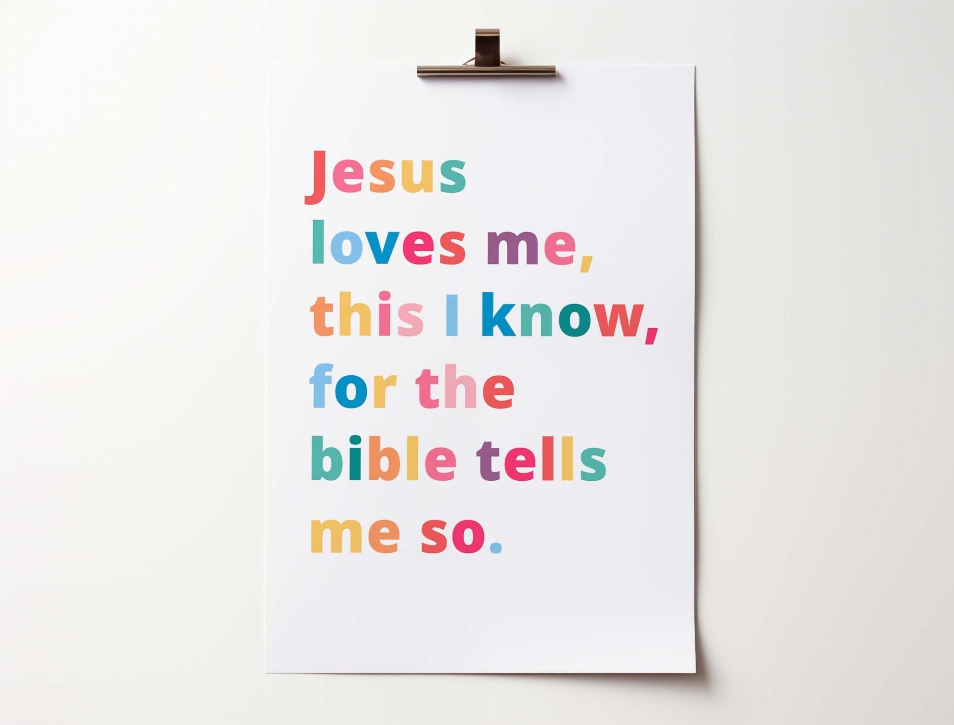 Bright “Jesus Loves Me, This I Know” Christian poster in joyful colours, perfect for kids’ rooms or Sunday school.