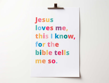 Bright “Jesus Loves Me, This I Know” Christian poster in joyful colours, perfect for kids’ rooms or Sunday school.