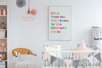 Bright “Jesus Loves Me, This I Know” Christian poster in joyful colours, perfect for kids’ rooms or Sunday school.