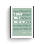 Green poster featuring the text 'Love one another' and a bible verse from John 13:31-35 in white font.