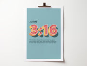 A4 poster featuring the text 'JOHN 3:16' in bold colors with a teal background and a bible verse below.