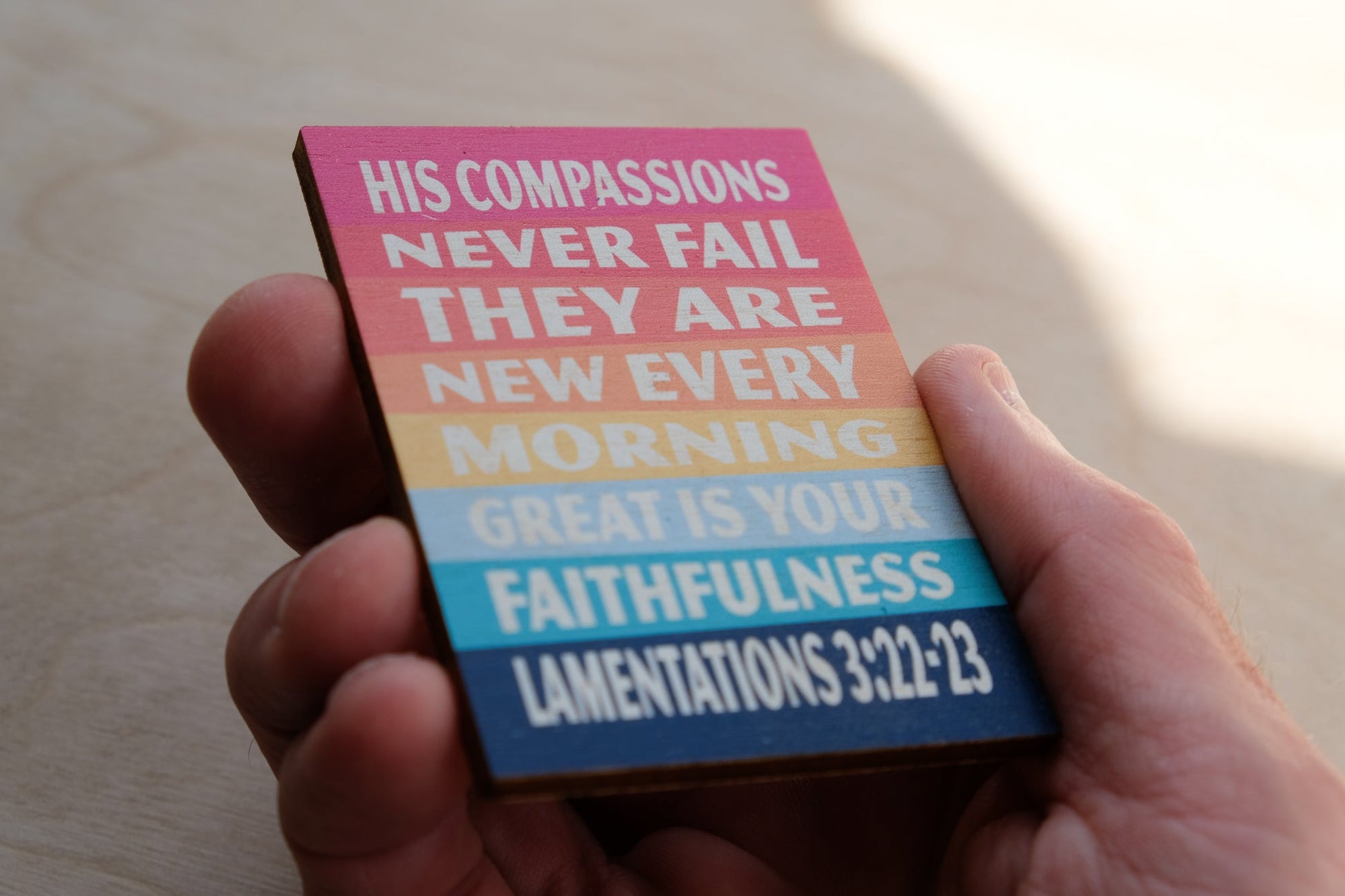 Rainbow Lamentations 3 bible verse magnet. Christian joyful, bright and colourful gift to yourself or others