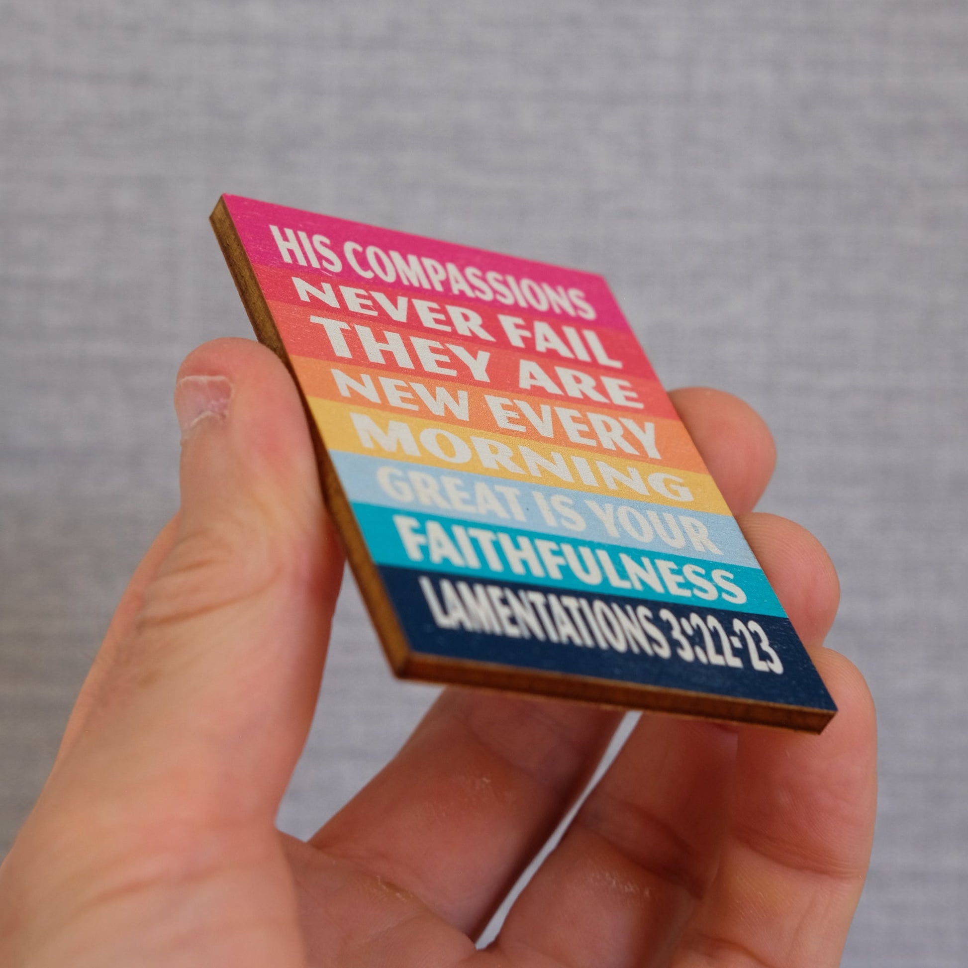 Rainbow Lamentations 3 bible verse magnet. Christian joyful, bright and colourful gift to yourself or others