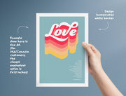 Colorful poster featuring the word 'Love' in stylized text with a white border, scripture reference at the bottom.