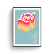 Colorful poster featuring the word 'Love' in bold, wavy letters with a light blue background and scripture text below.