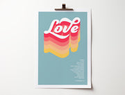 Colorful poster featuring the word 'Love' in bold, wavy letters with a bible verse from 1 Corinthians 13 below.