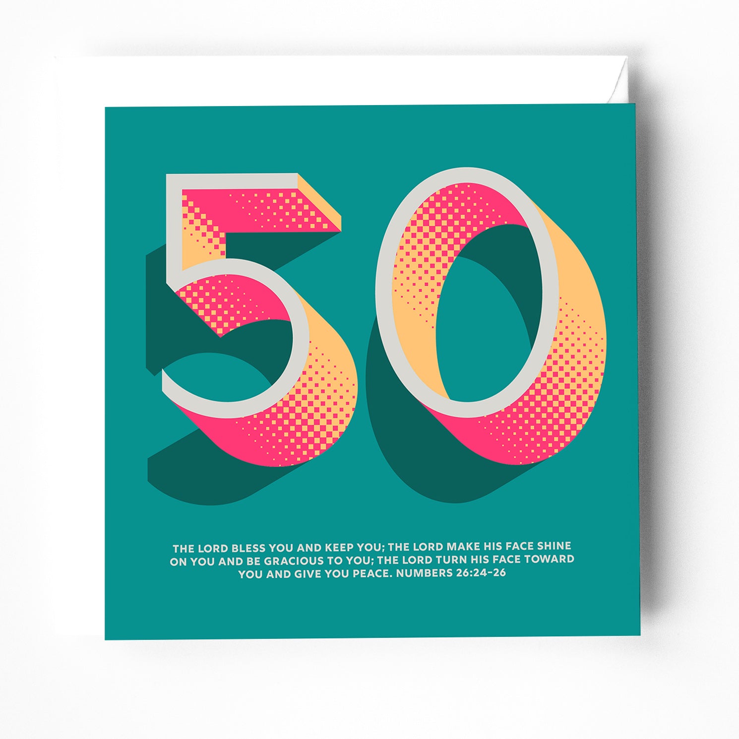 A modern christian 50th birthday card, with scripture verse on the cover. Main colour is green. 