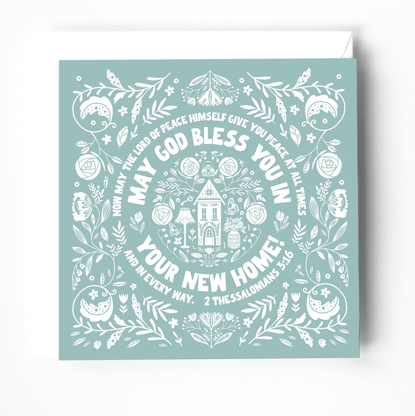 New Home Christian greeting card with bible verse. Scandi style. 2 Thessalonians 3:16 - The Christian Poster Company